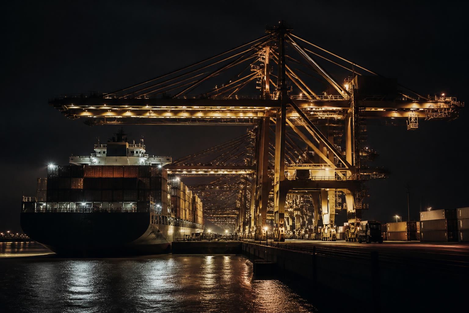 Puerto de carga iluminado durante la noche